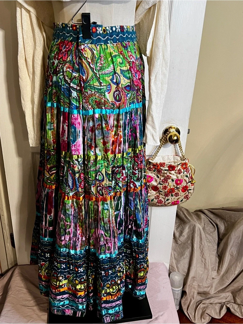 TravelSmith Wms Colorful Cotton Patchwork Tiered Paisley Boho Gypsy Maxi Skirt M